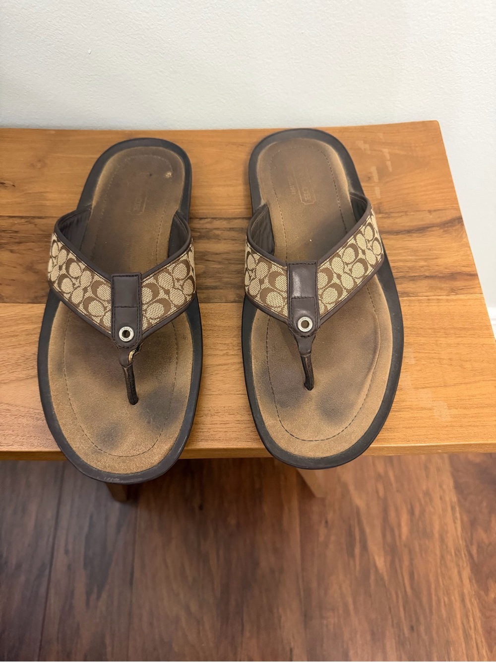 Coach Tan and Brown Signature Canvas Thong Sandals